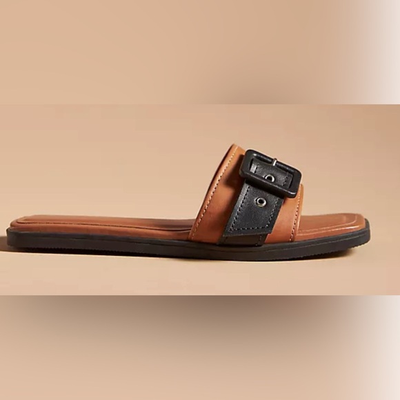 Anthropologie Shoes - NEW Anthropologie Women’s Leather Tan and Black Buckle Slide Sandals size US 8.5